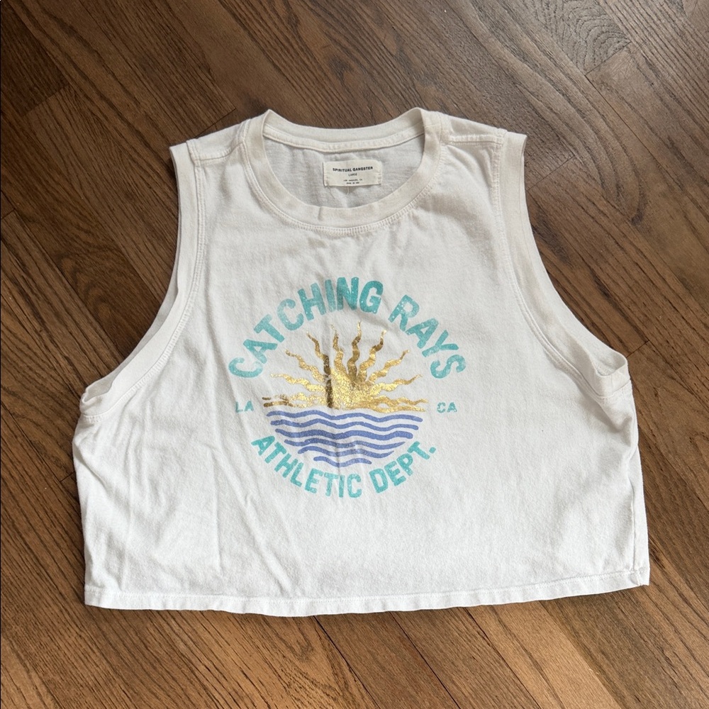 Spiritual Gangster Catching Rays White Graphic Crop Tank